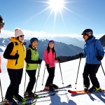 ** A ski instructor, smiling warmly, giving personalized instruction to a small group of diverse learners (Malaysian if possible) on a gentle slope. Focus on clear communication and a safe, encouraging environment. Sunlight reflecting off the snow creates a bright and inviting scene.

**