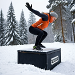 **A determined ski instructor candidate doing plyometric exercises (box jumps or burpees) outdoors in a snowy environment, focused on physical training.** This image should convey strength and preparation.