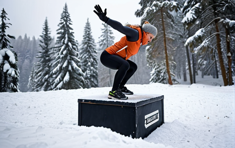 **A determined ski instructor candidate doing plyometric exercises (box jumps or burpees) outdoors in a snowy environment, focused on physical training.** This image should convey strength and preparation.