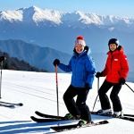 **

A group ski lesson in Genting Highlands, Malaysia. Various people in winter clothing (jackets, ski pants, gloves, beanies) are smiling and learning basic ski techniques on a gentle slope. A friendly instructor in a ski patrol uniform is demonstrating a snowplow turn. Background shows snowy mountains and clear blue skies. safe for work, appropriate content, fully clothed, professional instructor, modest clothing, family-friendly.

**